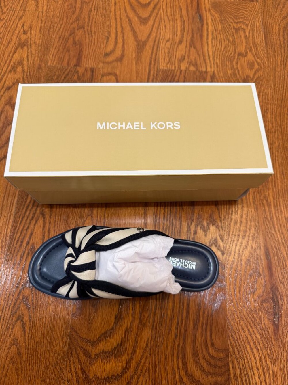 Michael Kors Elena Striped Linen Slide Sandals Navy Size 7 NWT